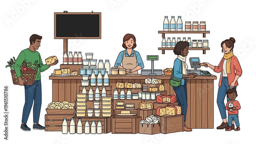 Grocery Store Checkout Counter with Customers and Staff.