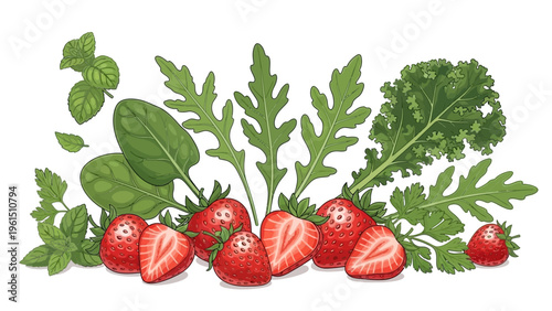 Fresh Strawberries with Green Leaves.
