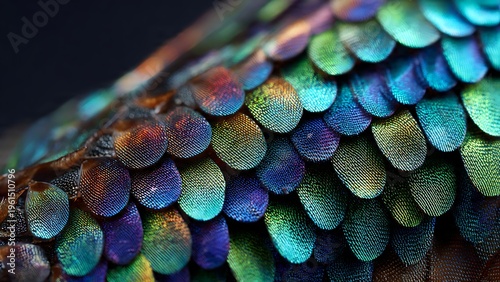 Iridescent butterfly wing scales with vibrant colors and layered texture. Abstract macro pattern background for nature and science visuals