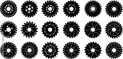 Black and white grid of circular gear-like patterns with symmetrical teeth and abstract designs, symbolizing geometry, mechanical structure, artistic symmetry, and computational pattern recognition.