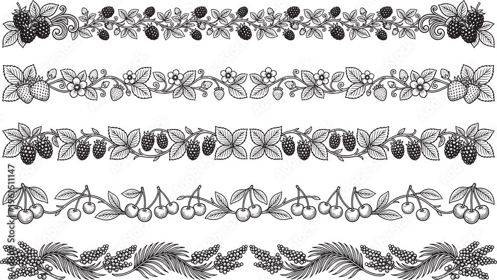 Fototapeta premium Set of Berries Frame border bars