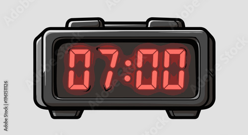 Digital alarm clock showing 7 oclock.