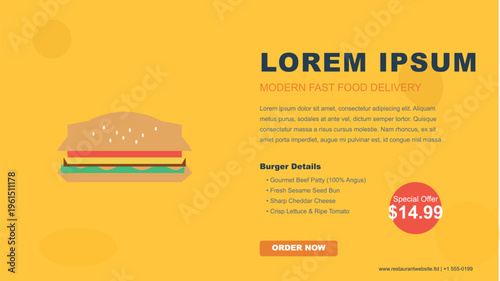 Modern fast food flyer template with colorful burger design, minimal layout for restaurant promotion, advertising menu
