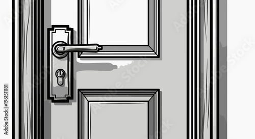 Gray wooden door with metal handle.