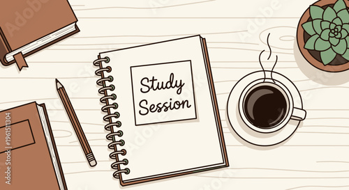 Notebook and coffee for study session.