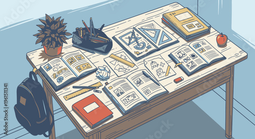 School desk with educational supplies.