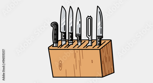 Set of kitchen knives in block.