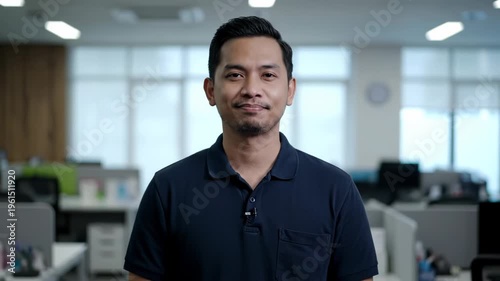Young Asian man in office setting.