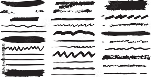 A comprehensive set of black ink brush strokes, textured dividers, and hand-drawn wavy lines with a grunge, charcoal-style aesthetic for creative graphic design.