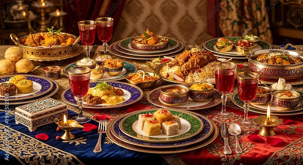Fototapeta premium Grand traditional feast opulent spread of Indian and Middle Eastern cuisine, showcasing savory dishes, main courses, and desserts for cultural celebration