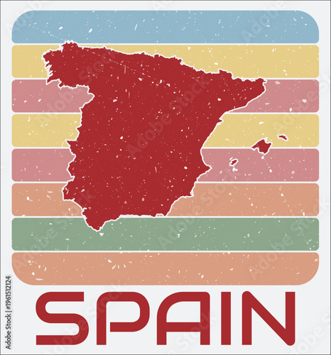 Spain vintage logo. Shape of the country on retro colored stripes background. Spain map design with grunge scratch texture. Vector illustration.