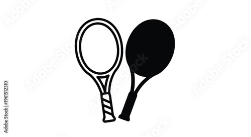 Vector illustration of two tennis rackets icon, one outlined and one solid black silhouette
