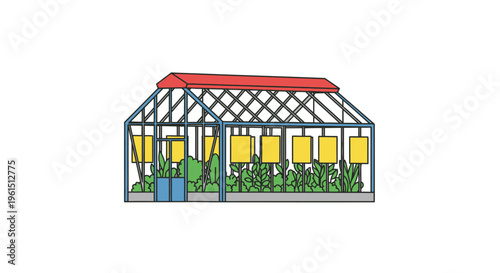 Greenhouse with red roof and plants.