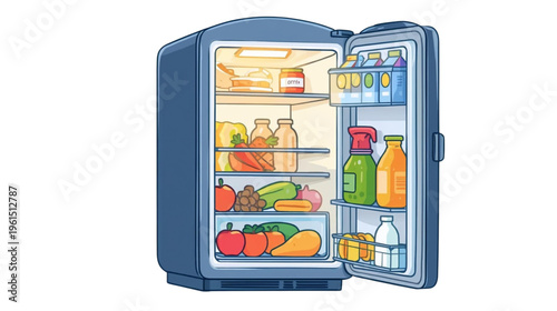 open refrigerator containing vegetables, fruit and drinks