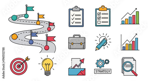 Business strategy and planning icons set.