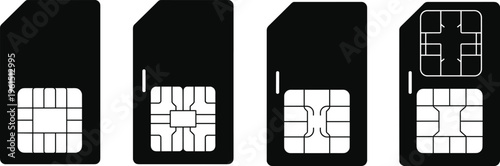 Black SIM card icons with varied contact layouts, minimalist design symbolizing mobile technology, communication, connectivity, subscriber identity, and modern digital lifestyle artwork.