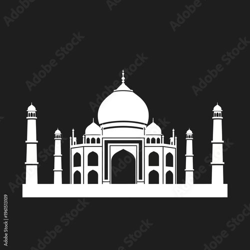 Taj Mahal silhouette on a black background, iconic Indian landmark.