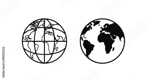 Vector illustration of set of two globe icons, world map illustration