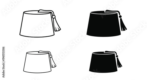Vector illustration of set of fez hats, traditional ottoman headwear icons in outline and solid