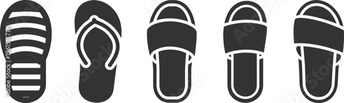 Collection of black and white sandal and flip-flop icons, showing casual footwear variations for fashion, retail, and design illustrations in vector style