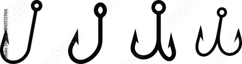 Collection of fishing hook designs including single and double barbed variations, detailed vector silhouettes ideal for angling, sport fishing, and outdoor equipment graphic projects