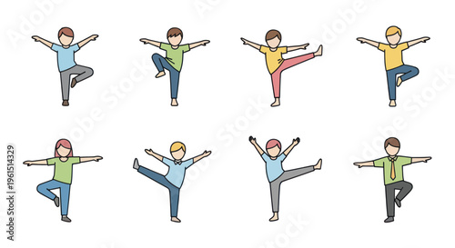 Cartoon children performing various yoga or balance poses in colorful clothing isolated on white background, fitness and mindfulness concept