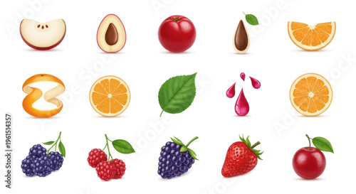 Collection of fresh fruit icons including apple, avocado, tomato, orange slices, berries, and leaf with juice drops, perfect for healthy food and nutrition designs
