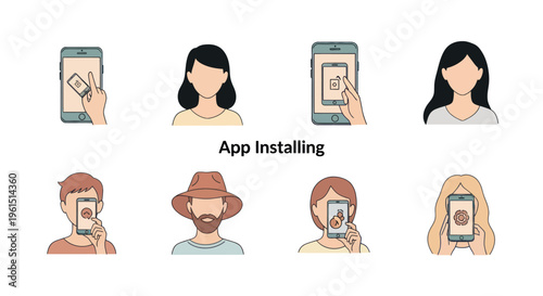 App installing process with diverse people using smartphones and digital interface icons, technology and communication concept illustration