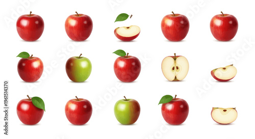 Collection of red and green apples in whole and sliced views with leaves isolated on white background, fresh fruit illustration perfect for healthy food designs