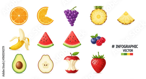 Colorful fruit collection including orange, grapes, pineapple, banana, watermelon, berries, avocado, pear, apple, and strawberry in vector infographic style for healthy design