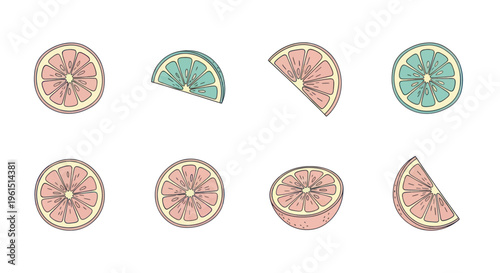 Hand drawn citrus fruit slices illustration with pink and teal colored grapefruit and lime segments, perfect for food and beverage design