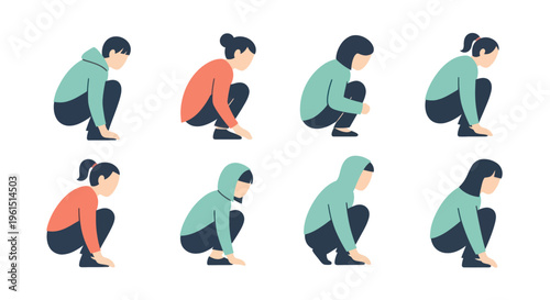 Collection of diverse people squatting in casual outfits flat vector illustration for lifestyle and posture concepts