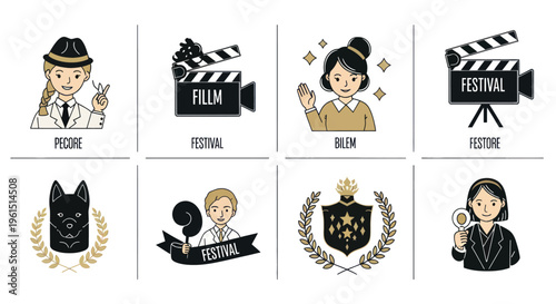 Film festival icons set featuring directors, clapperboards, awards, and characters for movie event and cinema design