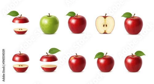 Collection of red and green apples whole and sliced with leaves isolated on white background, fresh fruit illustration for healthy food design