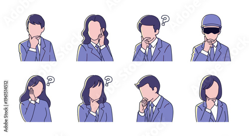 Set of cartoon business people in suits showing various thoughtful and confused poses with faceless heads, ideal for business and decision-making concepts