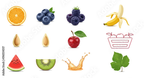 Collection of fresh fruit illustrations including orange, blueberries, blackberries, banana, apple, watermelon, kiwi, juice splash and leaf, perfect for food and health designs
