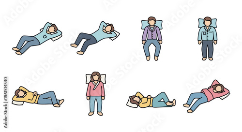 Set of cartoon people sleeping in various poses with pillows, ideal for sleep, relaxation, or bedtime concept illustrations