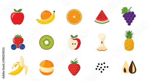 Colorful fruit icon collection including apple orange banana watermelon grape strawberry blueberry kiwi pineapple and more - perfect for food and health projects