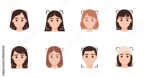 Flat style diverse female and male avatars for facial recognition and identification technology, icon set for user profiles and AI applications