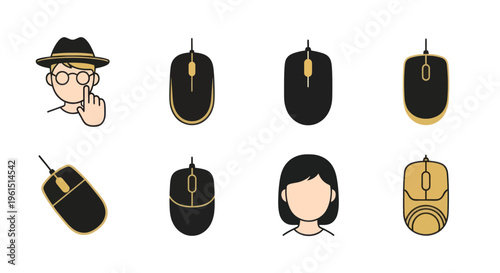 Set of computer mouse icons and male and female faceless user avatars with finger on lips gesture, technology and communication concept