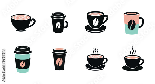 Set of coffee cup and mug icons with steam and coffee bean designs, perfect for cafe branding or coffee shop menus
