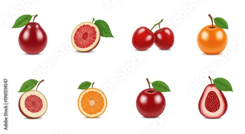 Fresh assorted fruit collection including peaches, cherries, apricots, and oranges, whole and sliced, perfect for healthy lifestyle and food design projects