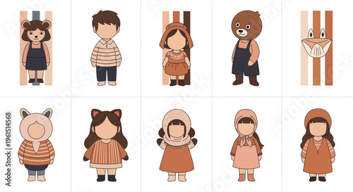 Cute children and animal character illustrations in warm earthy tones, perfect for storybooks, children?s games, and educational materials