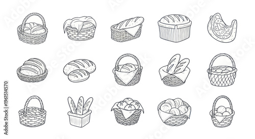Hand drawn collection of various bread baskets and different types of bread loaf illustrations, perfect for bakery or food packaging design