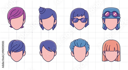 Set of diverse faceless cartoon avatars with different hairstyles and accessories, suitable for web profiles and social media icons