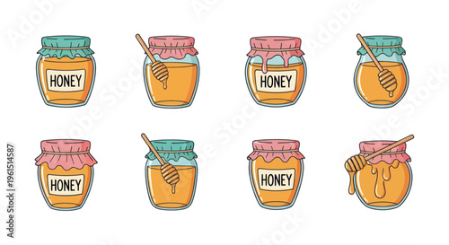 Cute hand-drawn honey jars illustration set with wooden honey dippers and dripping honey, perfect for food packaging, recipes, and natural product designs
