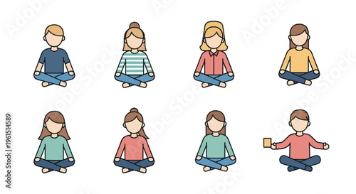 Set of diverse cartoon people sitting cross-legged meditating in casual clothing on white background, ideal for wellness and mindfulness content