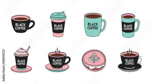 Hand-drawn black coffee cups and coffee to-go with latte art and whipped cream, pastel pink and blue design for caf? or beverage promotions