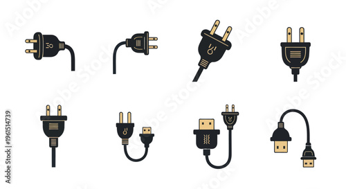 Set of black and beige electrical plugs and USB connectors icons isolated on white background for technology and electronics design