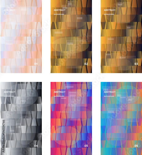 Abstract geometric background set with 6 colorful vector templates, modern mosaic pattern with vertical wavy lines and gradient textures, vibrant digital art collection for social media stories